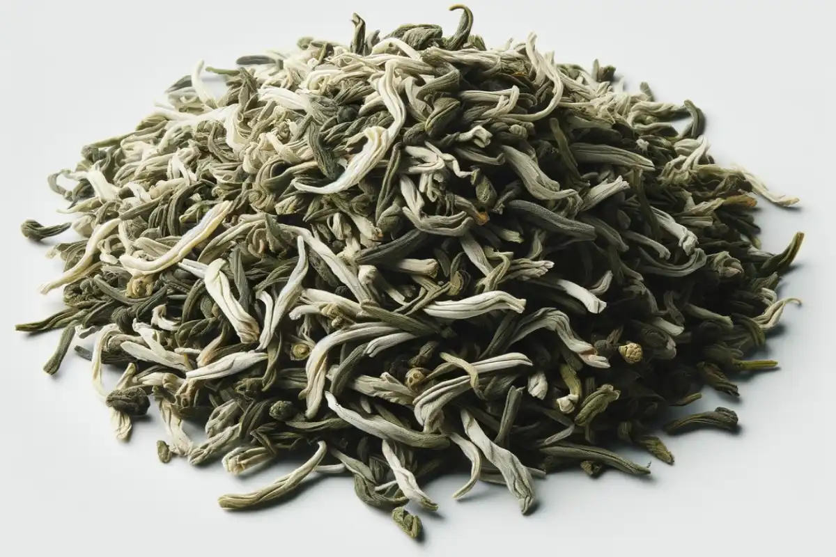 A heaped pile of high-quality white tea leaves, with slender, silvery-white and pale green leaves, on a white background.