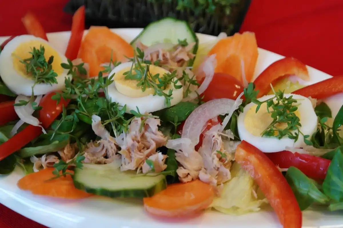 Fresh tuna and egg salad with crisp vegetables, perfect for pairing with Italian penicillin soup for a wholesome meal.
