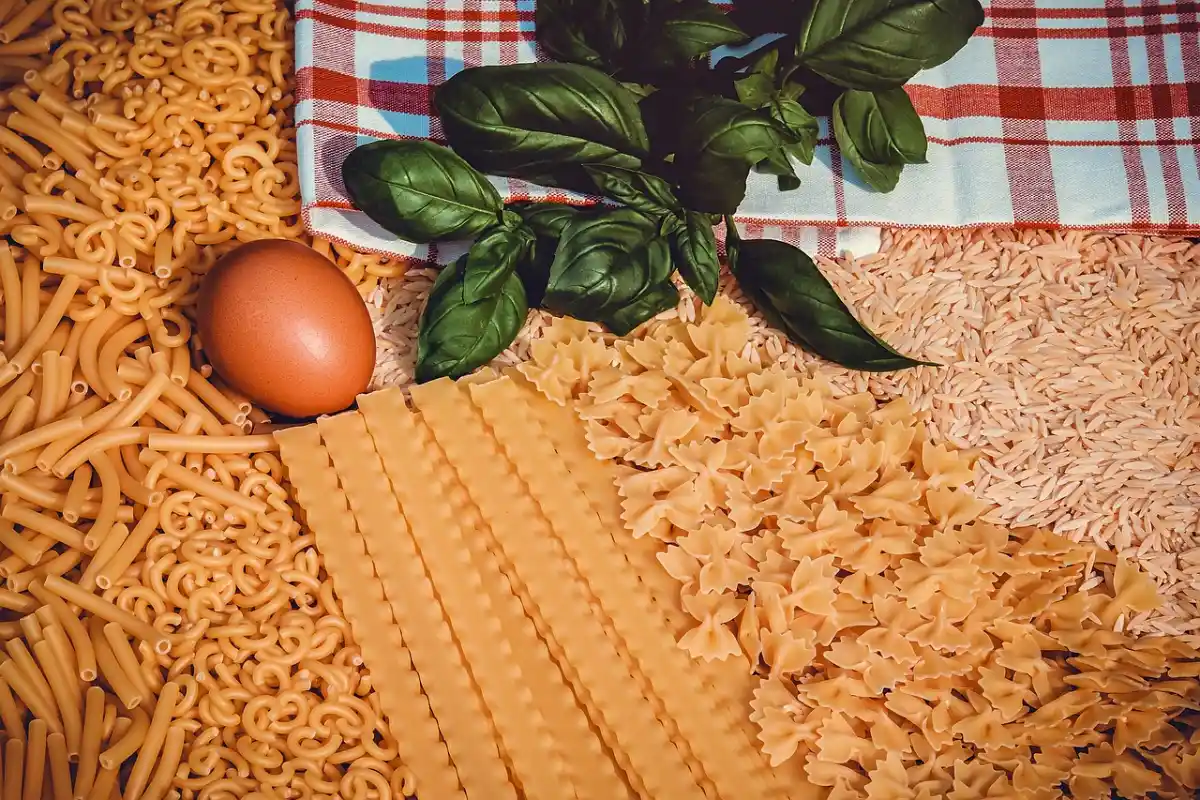 Italian pastas including lasagna sheets, rice, farfalle, egg, and fresh basil on a checkered cloth