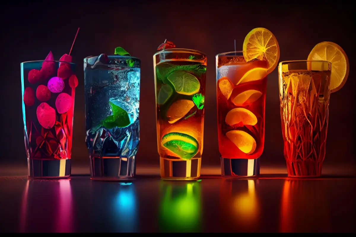 A row of colorful cocktails with vibrant garnishes, each variation representing the elegance of the Butterfly cocktail
