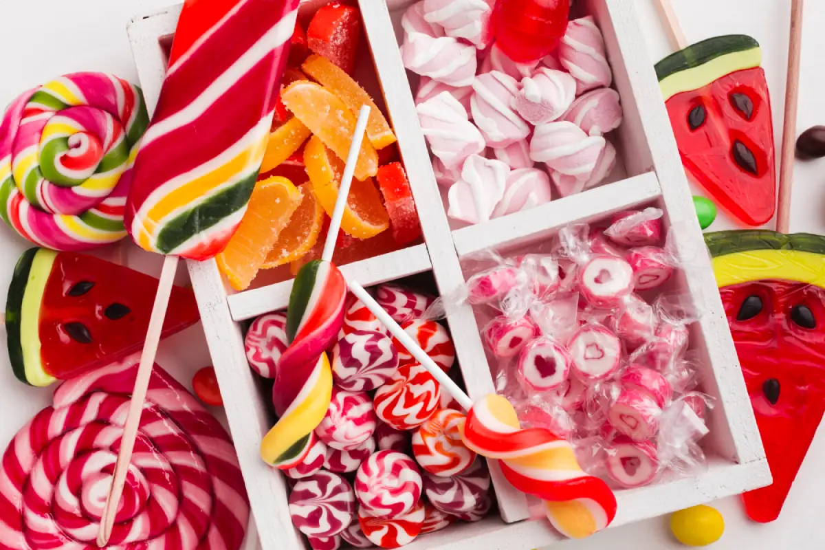 An array of colorful candies and lollipops, symbolizing the sweetness and temptation of moderation