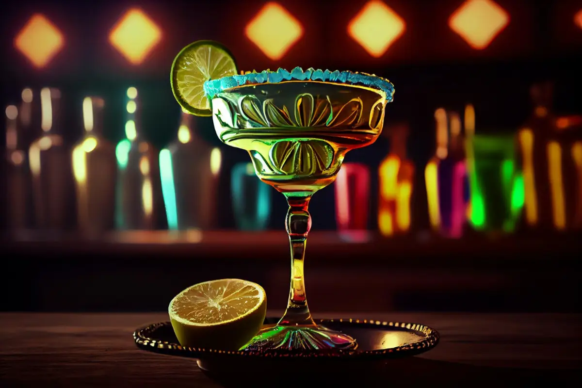 An elegantly crafted cocktail with lime, set against the vibrant backdrop of a bar, connecting the legacy of Madame Butterfly to the ambiance of TomTom.