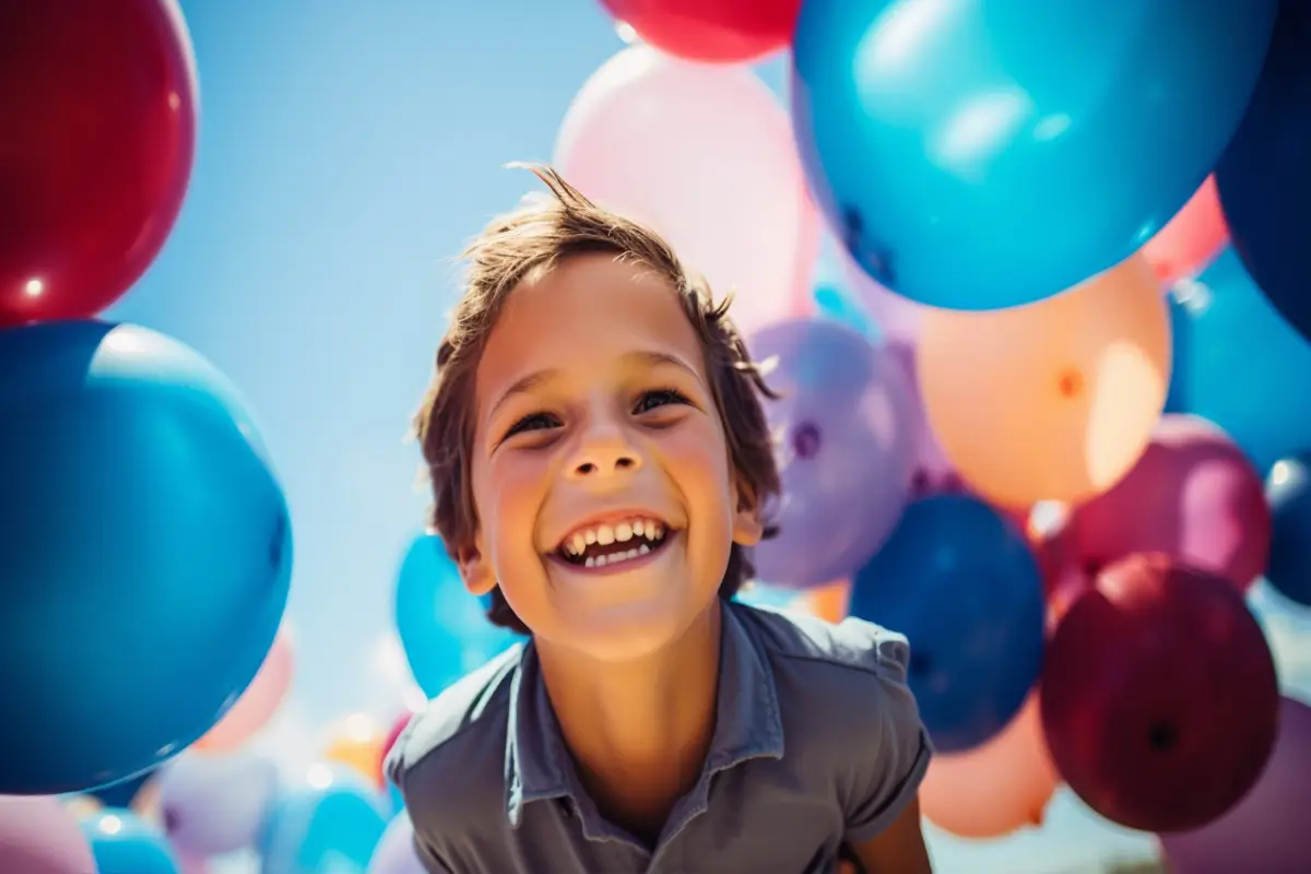 A young boy smiling brightly surrounded by a multitude of colorful balloons under a clear blue sky.