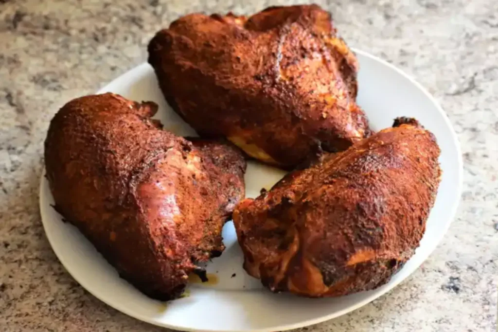 smoked chicken breasts with a rich, golden-brown spice crust, served on a white plate.