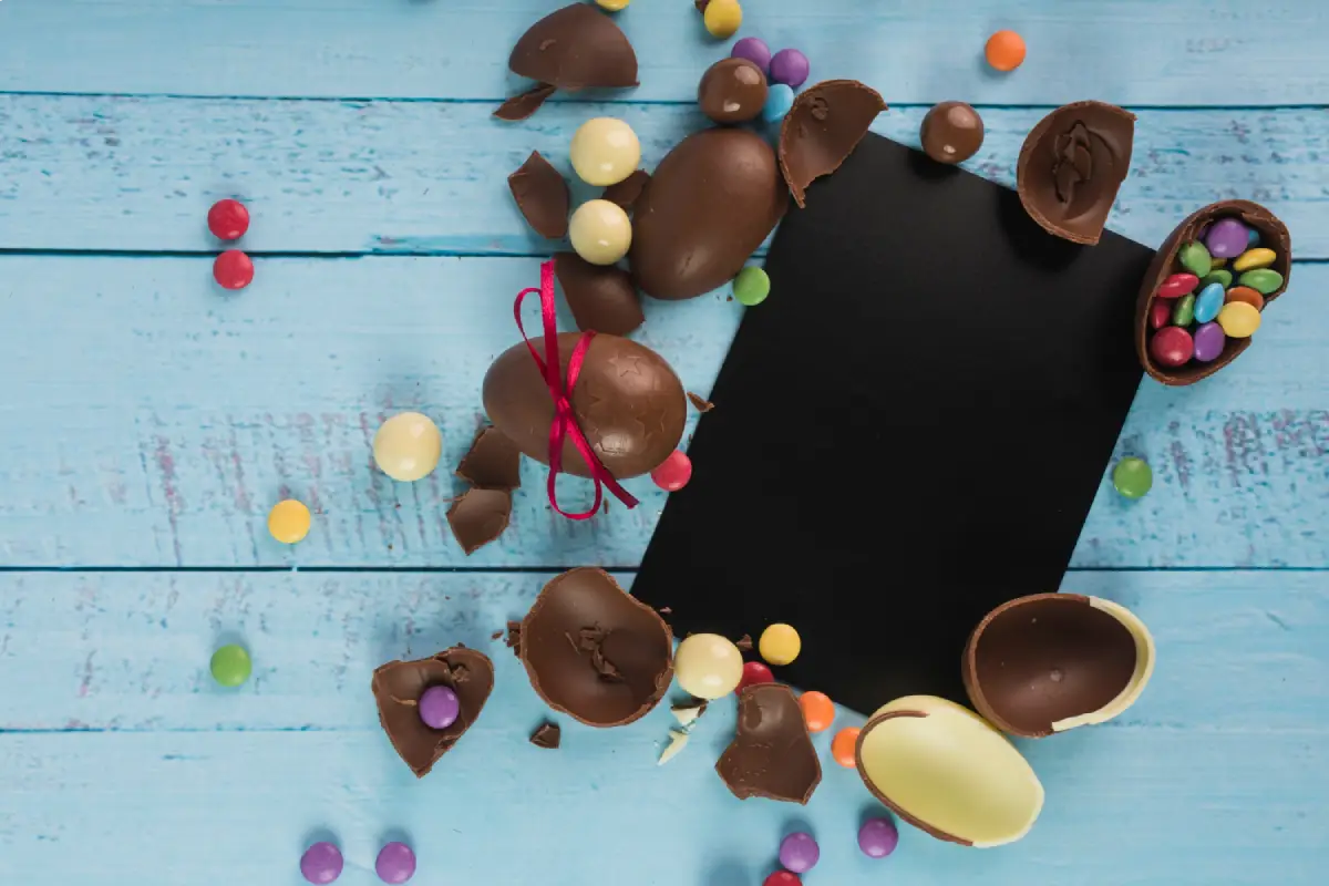 Chocolate eggs and colorful candies scattered on a blue wooden surface with a blank black slate in the center