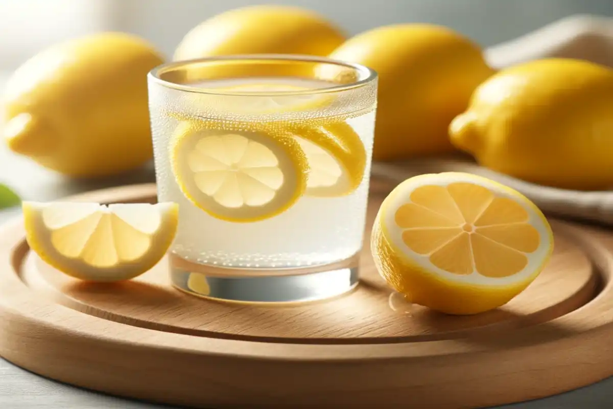 A glass of white tea on a wooden board with lemon slices and whole lemons, suggesting fresh pairings.