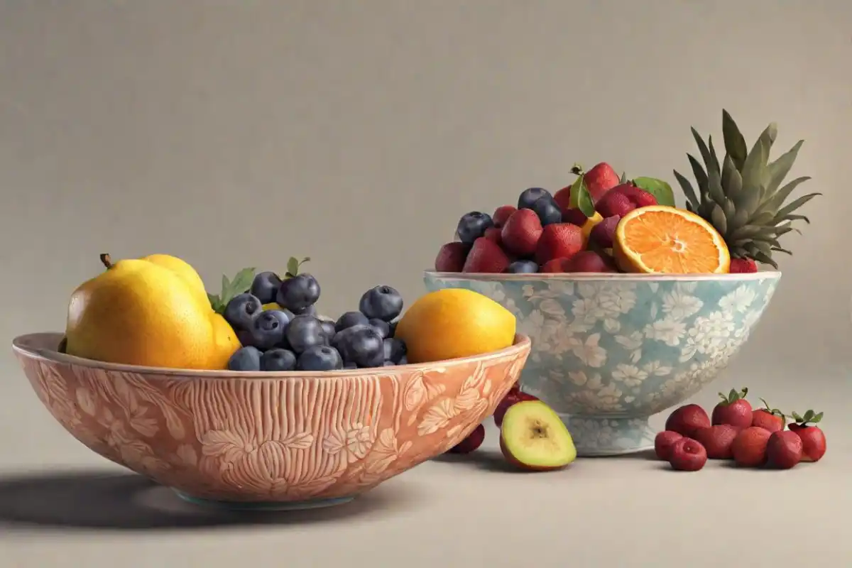 Two decorative fruit bowls, one embossed terracotta and one floral ceramic, filled with a variety of fresh fruits.