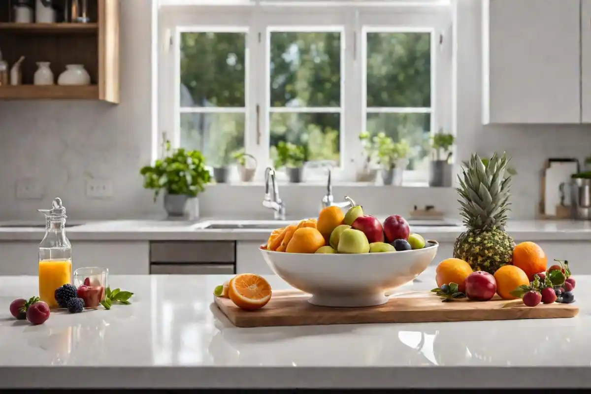 A spacious kitchen with natural light featuring a large ceramic fruit bowl filled with various fresh fruits on a countertop, accompanied by a wooden cutting board with sliced citrus and a glass of orange juice.
