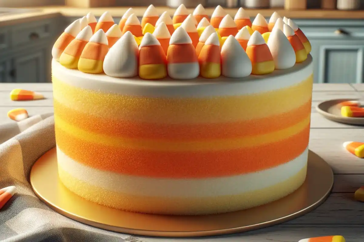 A freshly baked Candy Corn Cake with vibrant yellow and orange layers topped with white frosting and candy corn pieces, displayed on a kitchen counter with a blurred background suggesting a homey kitchen setting