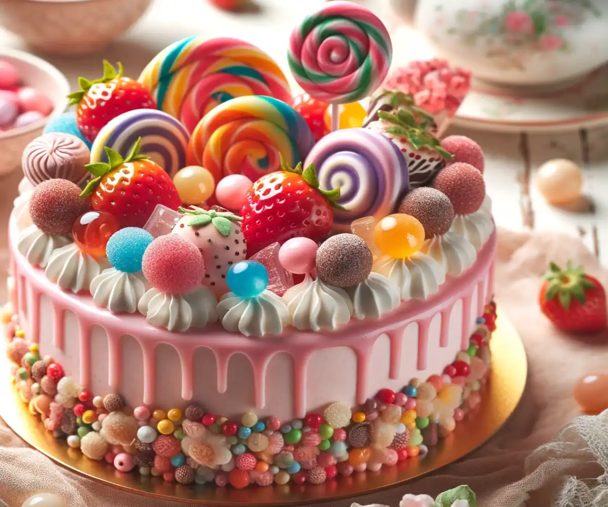 Colorful candy cake adorned with an assortment of sweets under natural lighting on vibrant plating.