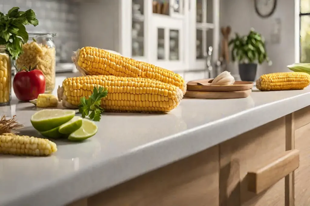 Freshly cooked corn on the cob displayed on a kitchen counter with a red tomato, green parsley, lime wedges, and a wooden cutting board