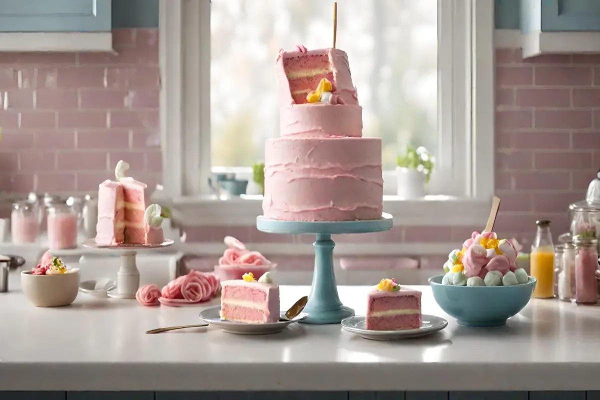 Elegant cotton candy cake on a cake stand, with a slice placed on a plate, amidst a kitchen adorned with pink hues and cotton candy treats.