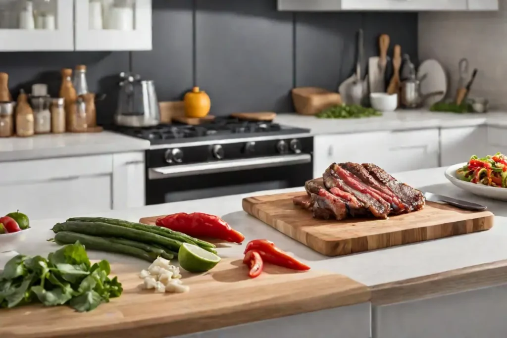 Succulent medium-rare flap steak sliced on a wooden cutting board, with fresh ingredients like cucumbers, tomatoes, red chili peppers, garlic, lime, and a bowl of salad on a modern kitchen counter.