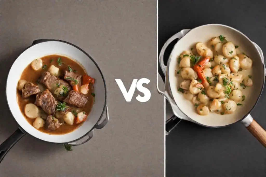 Comparative image of two cooking methods: Fricassee vs Sauté.