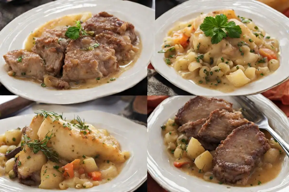 Collage of fricassee and sauté dishes showcasing variations in preparation and presentation. 