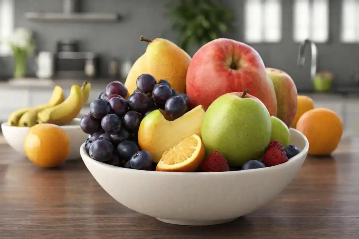 Colorful fruit bowl on a kitchen counter filled with a variety of fresh fruits.