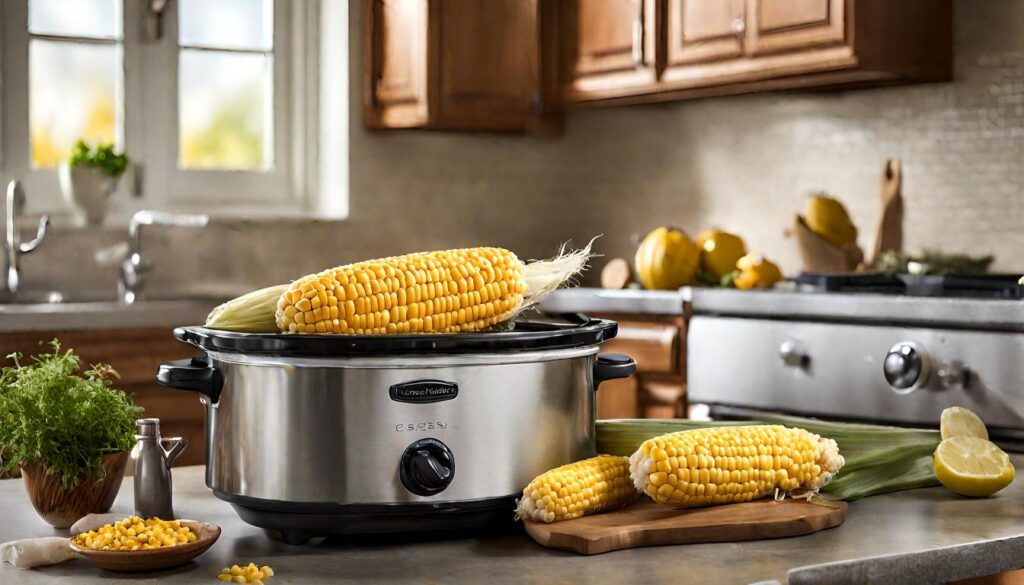 Fresh corn on the cob cooking in a stainless steel crockpot alongside kitchen ingredients