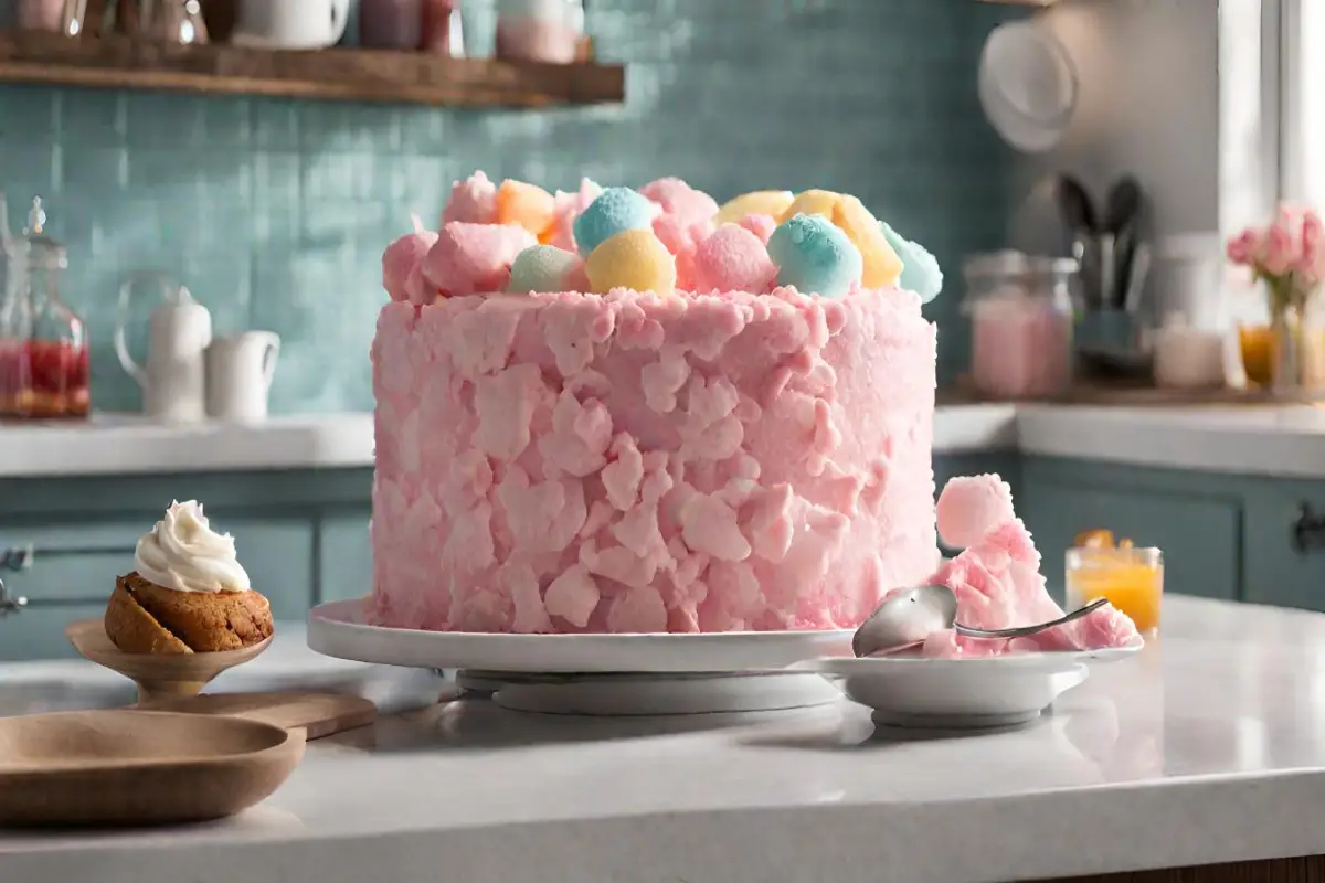 A towering cotton candy cake adorned with pastel-colored cotton candy pieces on a kitchen counter.
