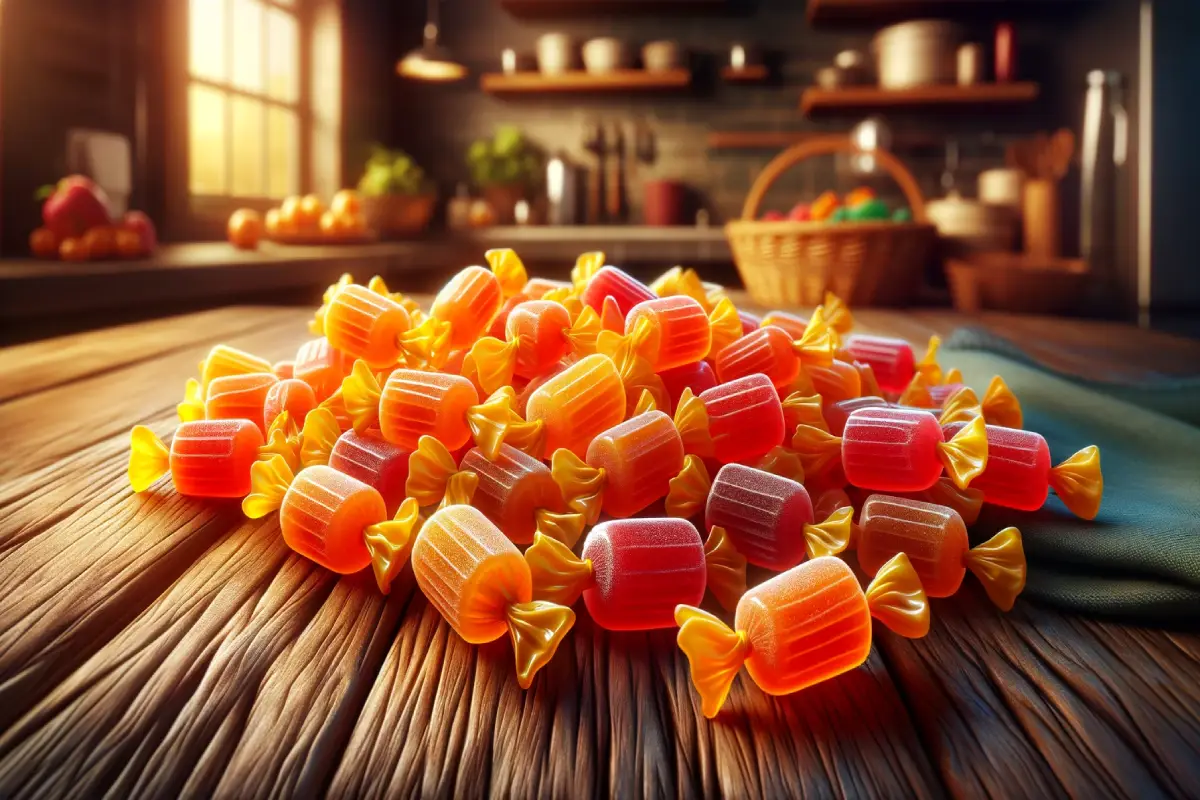 Multiple orange Jolly Rancher candies on a rustic wooden table with a blurred kitchen background