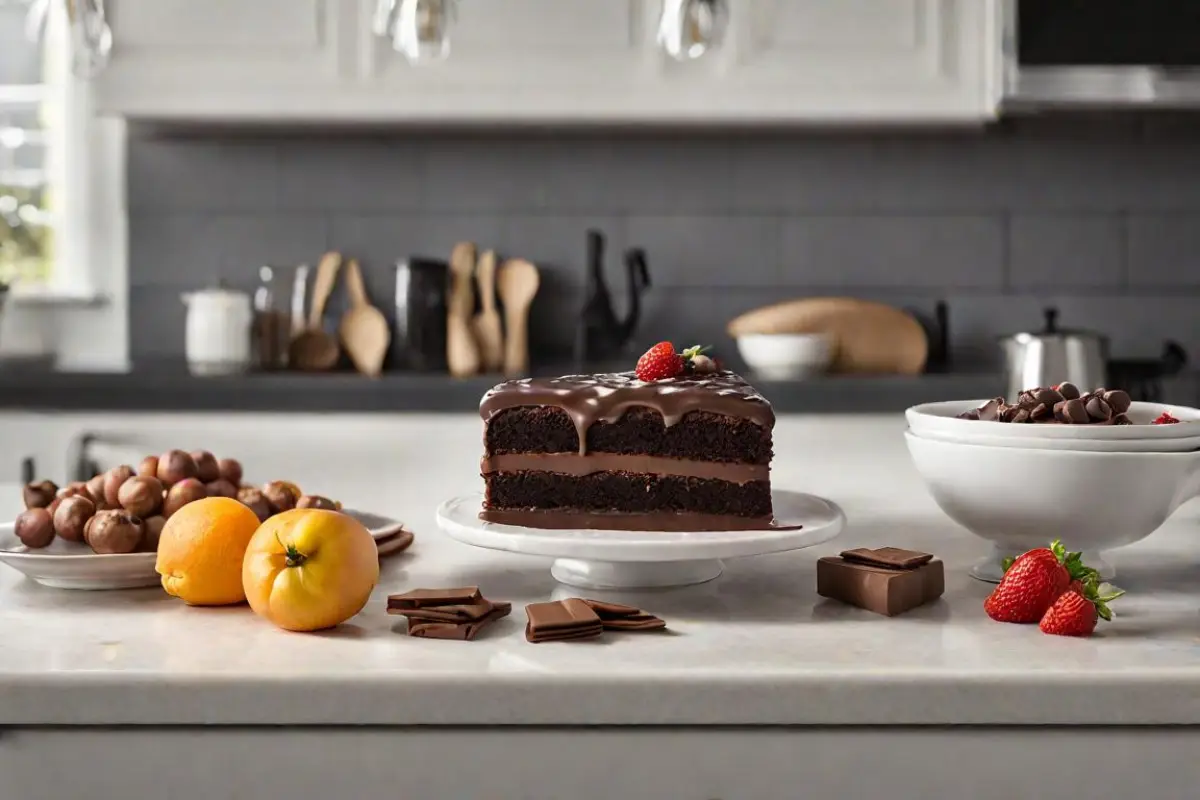 A portion of Swiss Chalet Chocolate Cake on a cake stand, garnished with a strawberry, surrounded by macadamia nuts, chocolate pieces, and fresh oranges on a kitchen countertop.