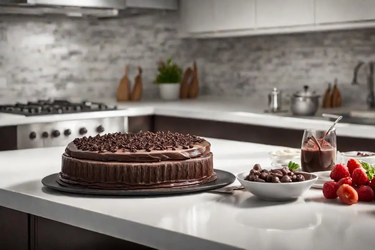 A Swiss Chalet Chocolate Cake displayed on a kitchen island with chocolate shavings on top, accompanied by a glass of chocolate milk, a bowl of chocolate balls, and fresh strawberries and raspberries.