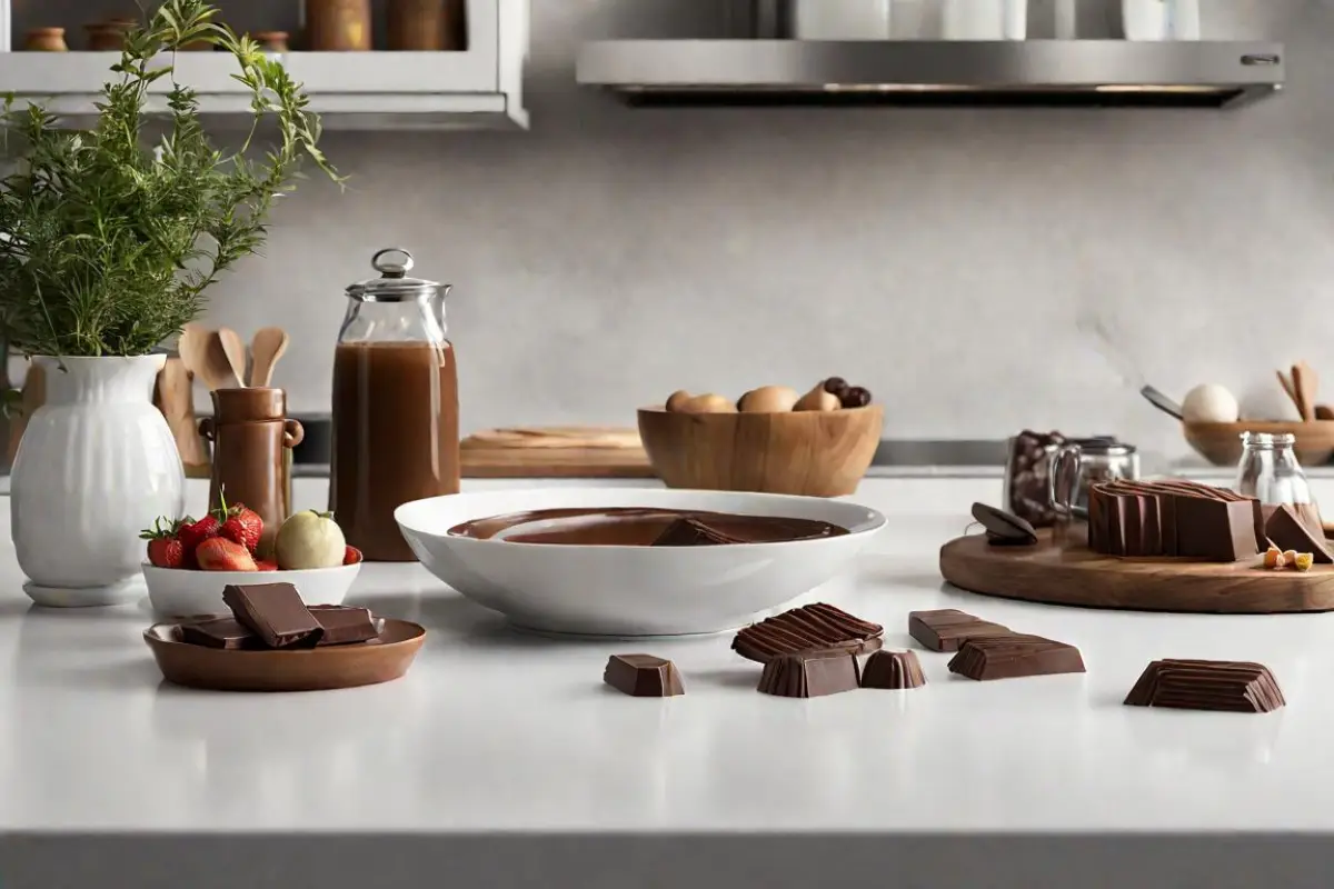 Assorted Swiss Chocolate Preparation on Kitchen Counter.