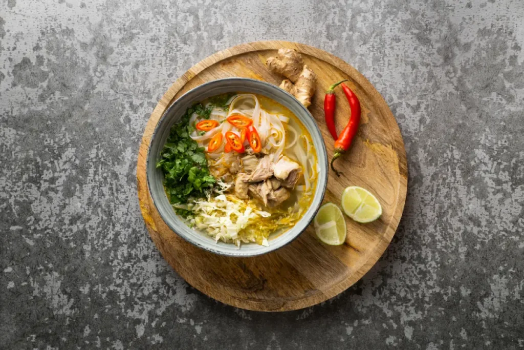 Overhead view of Crack Chicken Noodle Soup, garnished with fresh herbs and spices, showcasing its high-protein content.