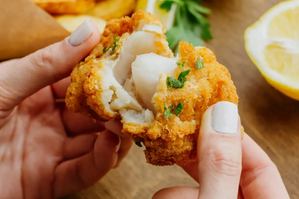 Close-up of a hand breaking a crispy crab cake revealing the tender interior