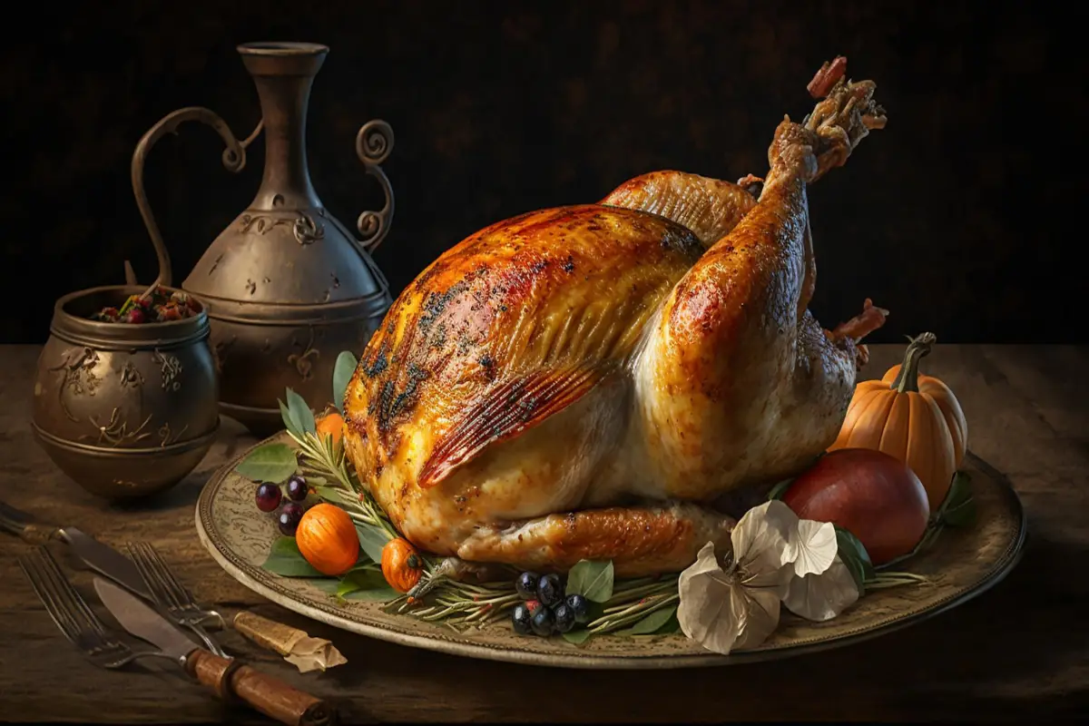 Roasted turkey on a platter with pumpkins and greenery, evoking a rustic Thanksgiving ambiance.