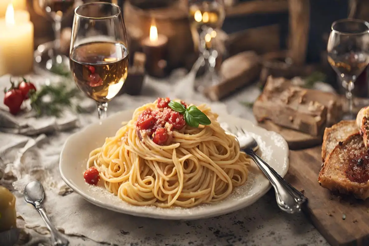 A plate of spaghetti with tomato sauce and basil, accompanied by a glass of wine and rustic bread.