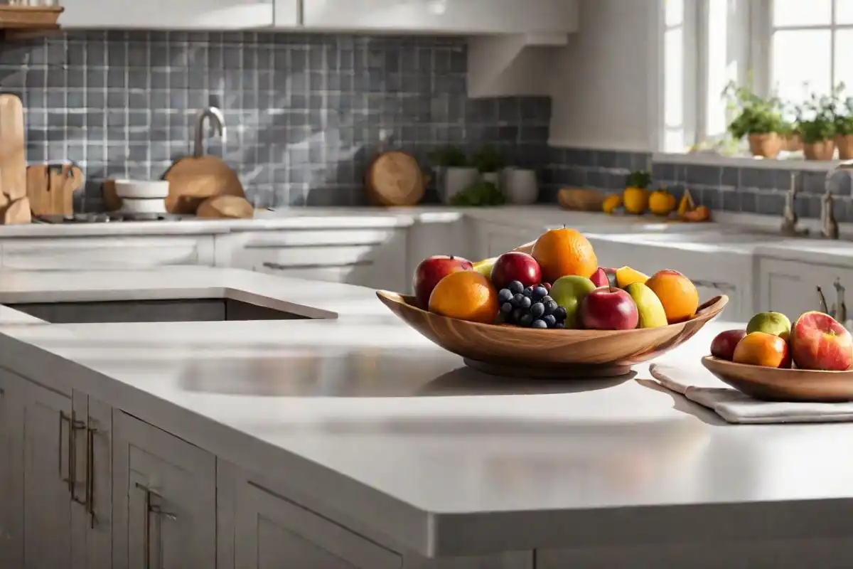 A wooden fruit bowl filled with a vibrant selection of fresh fruits on a marble kitchen counter, with a subdued gray backsplash and ample natural light.