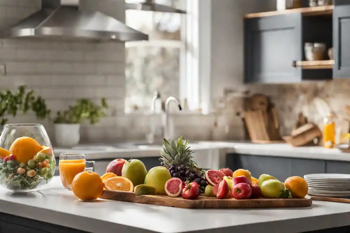 Assorted fresh fruits including apples, oranges, grapes, and strawberries arranged on a wooden cutting board in a modern kitchen, with a glass of orange juice and a decorative glass bowl of fruits in the background.