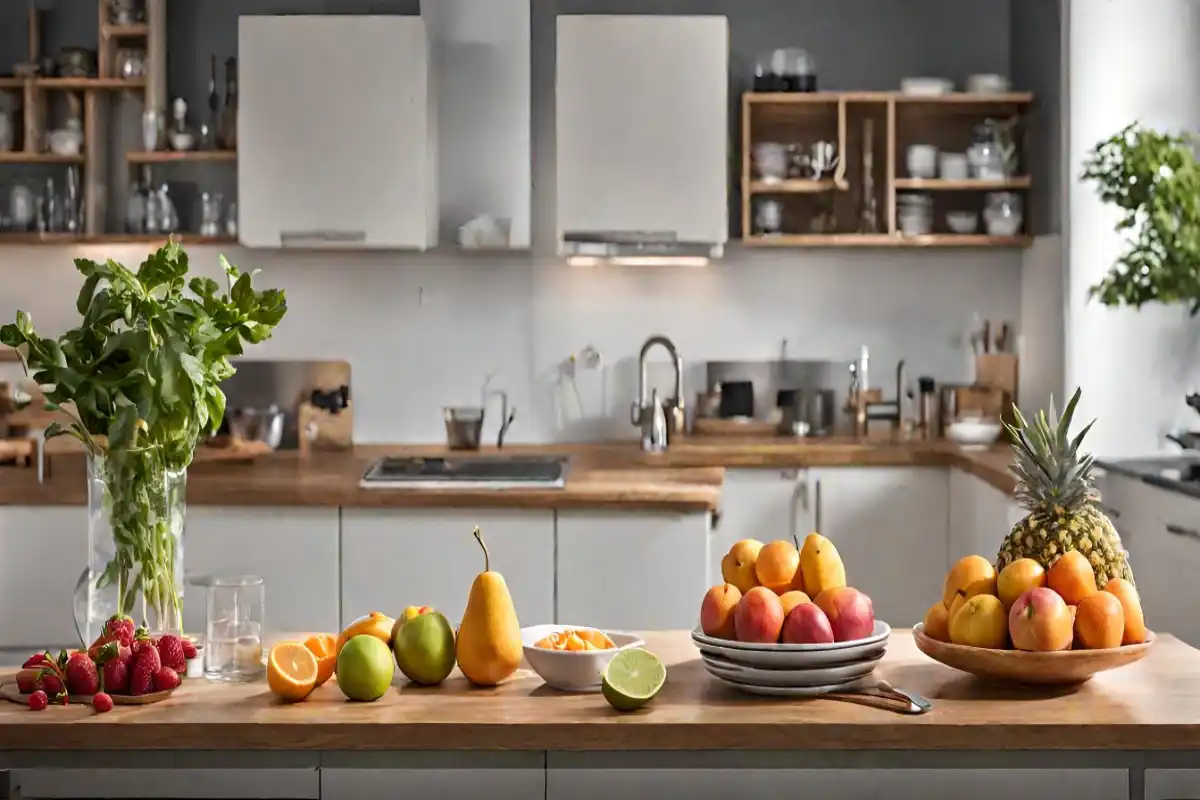 Modern kitchen with a variety of fresh fruits arranged on the counter