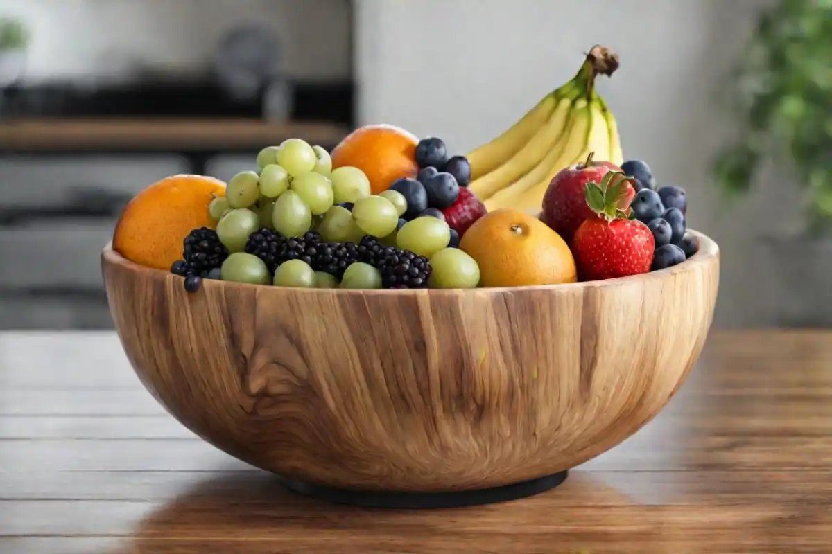 A wooden fruit bowl on a table, filled with fresh grapes, bananas, strawberries, blueberries, and oranges.