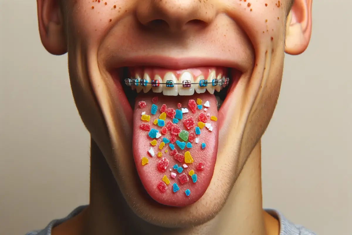 Smiling person with braces showing tongue with candy bits