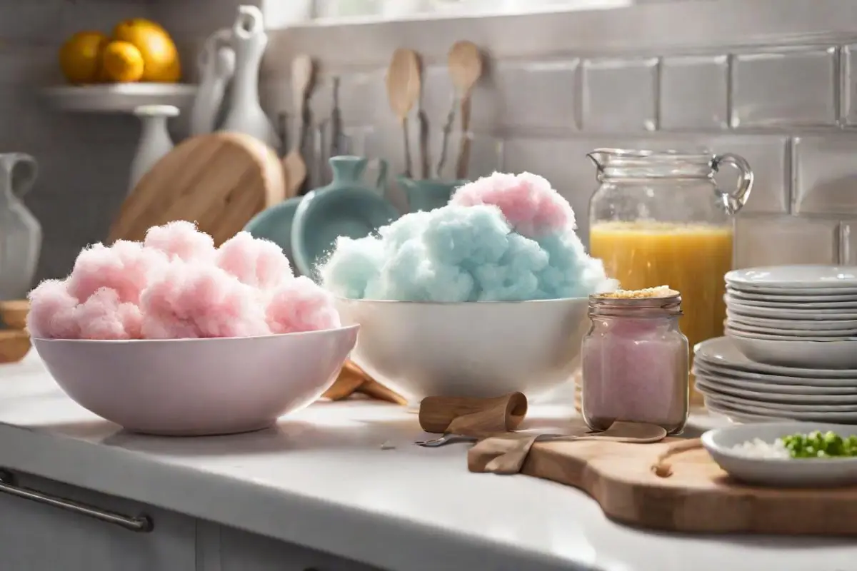 Two bowls of fluffy cotton candy in pink and blue on a kitchen counter, with kitchen utensils and plates in the background.