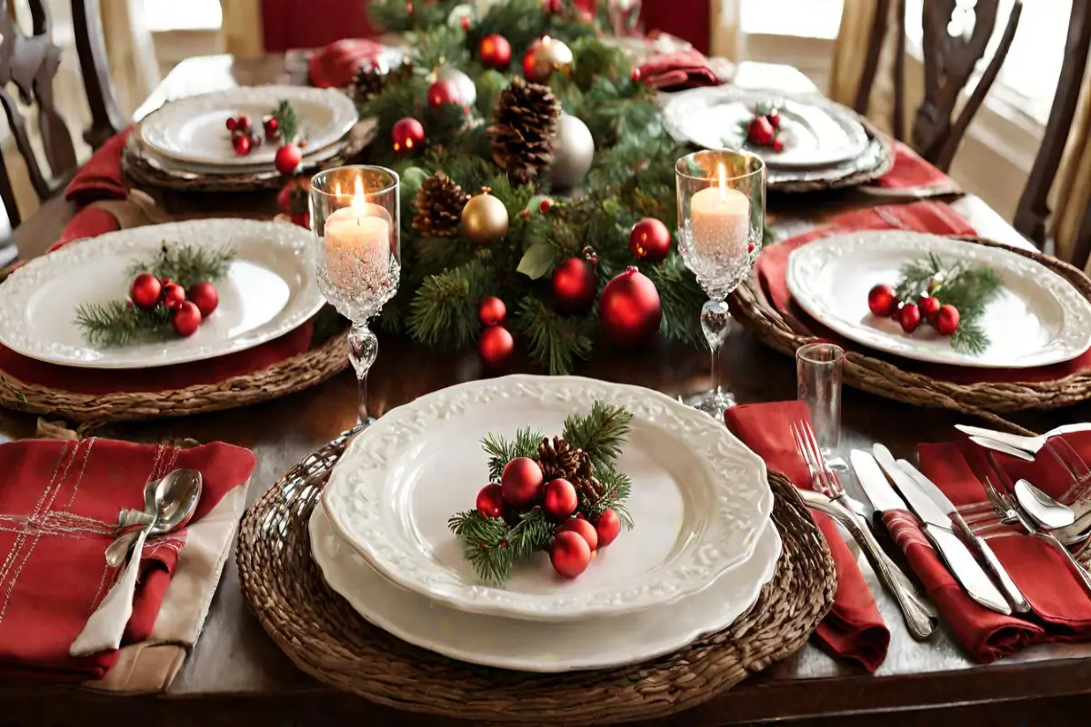 Christmas table setting with salad plates, red berries, and pine centerpiece.