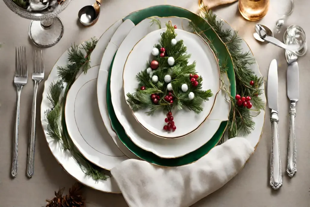 Elegant Christmas table setting featuring festive salad plates with green and gold trim, complemented by seasonal greenery and berries.