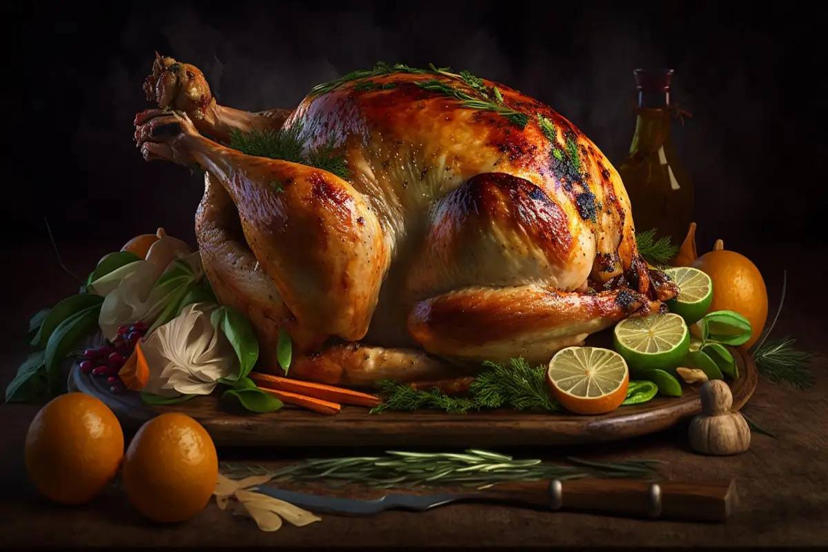Herb and citrus-adorned roasted turkey on a wooden platter.