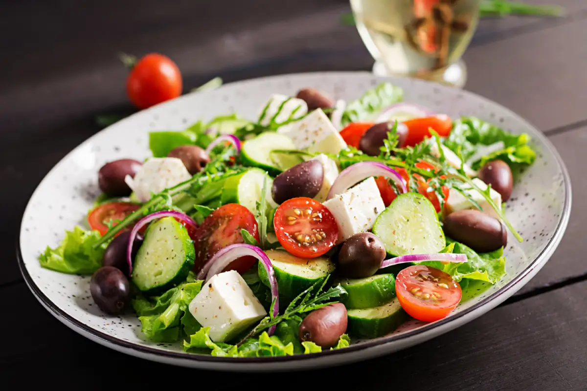 Fresh Greek salad with Kalamata olives, feta cheese, and vegetables