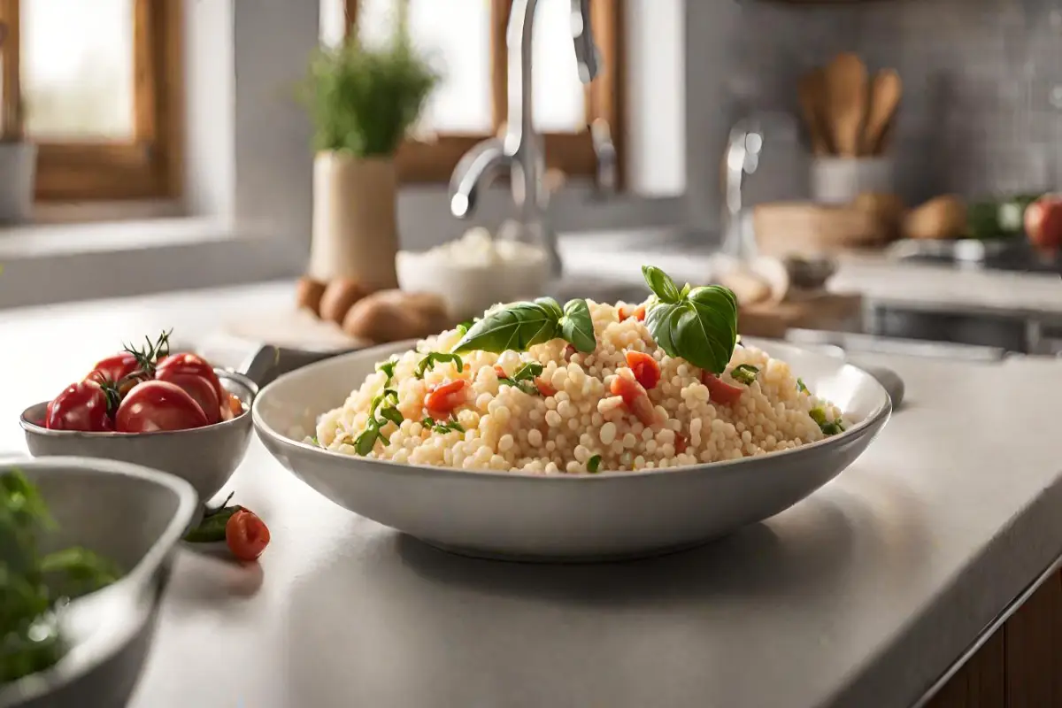 A bowl of pastina with fresh tomatoes and basil, ready to serve