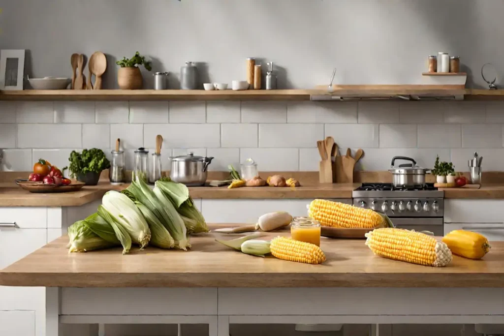 Fresh corn on the cob on a kitchen counter with cooking utensils in the background
