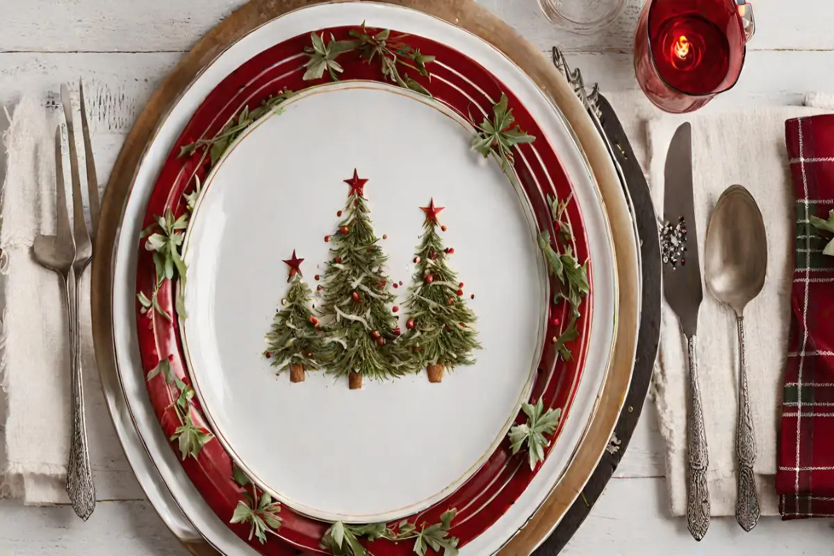 Elegant table setting with Christmas tree design salad plates and festive red accents.