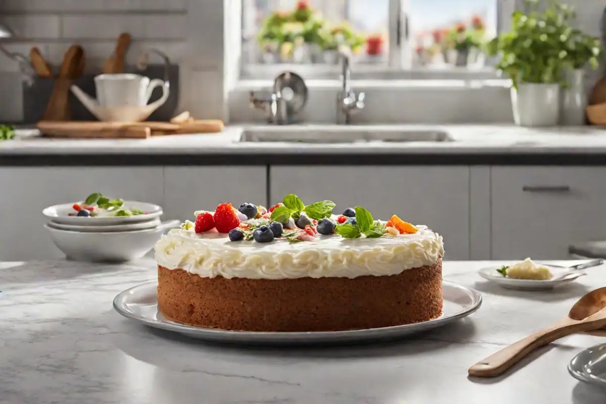 Freshly prepared fricassee cake topped with whipped cream and assorted berries on a kitchen countertop.