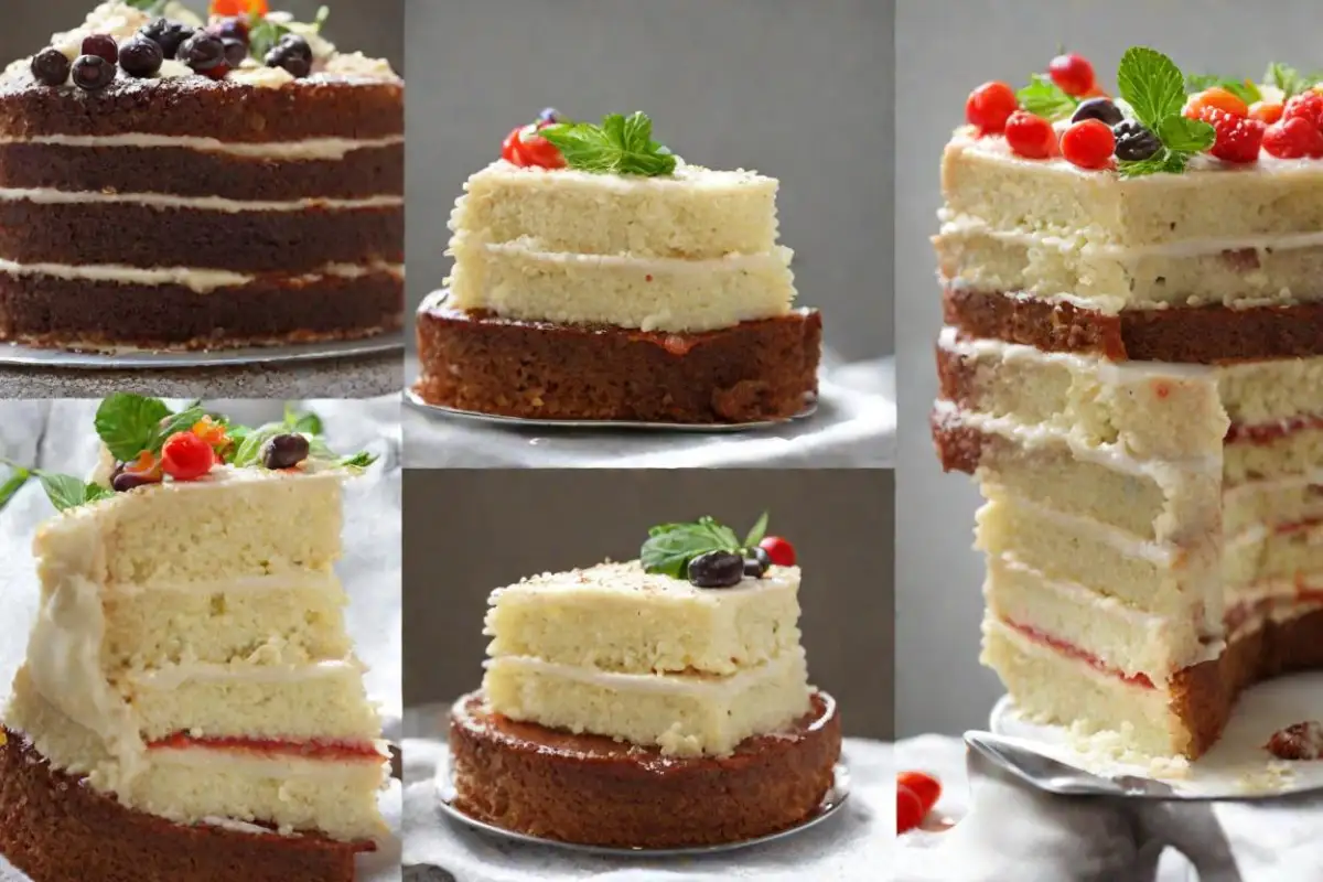 A collage showcasing various portions of fricassee cake adorned with cream, fresh berries, and mint. 