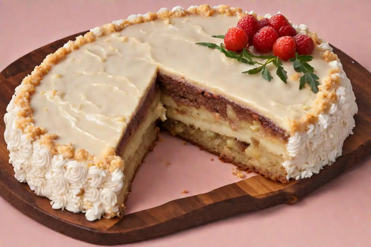 A decadent fricassee cake with a slice removed, revealing layers of cake and cream, garnished with fresh raspberries and parsley on a wooden serving board.
