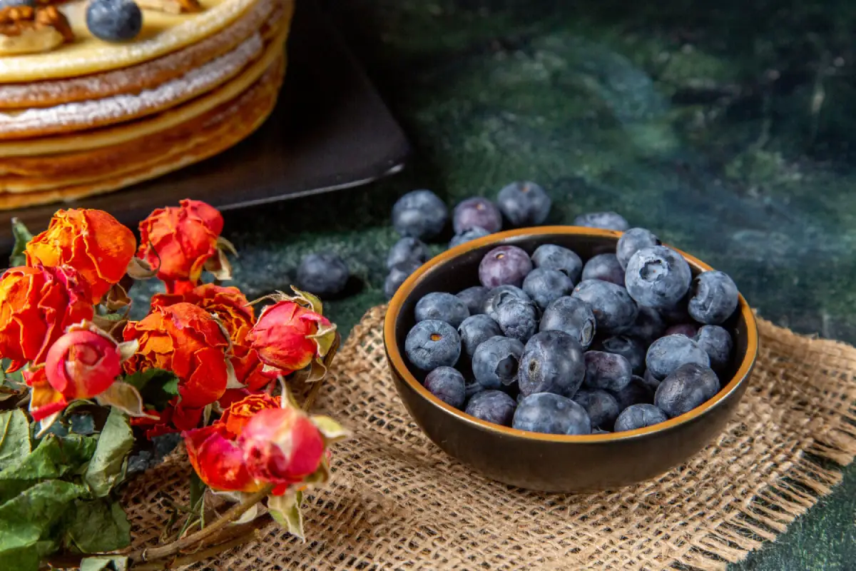 Fresh blueberries in a bowl beside a stack of pancakes and dried roses on a dark surface