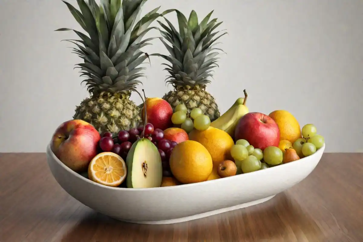 A large, shallow white bowl filled with an assortment of fresh fruits, including pineapples, apples, grapes, bananas, oranges, and a halved melon, on a wooden surface.