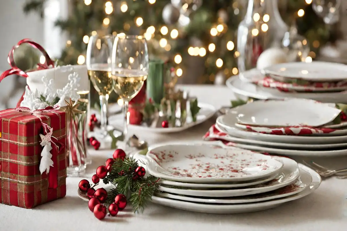 A festive holiday table adorned with Christmas salad plates, wine glasses, and a wrapped gift, illuminated by twinkling tree lights.
