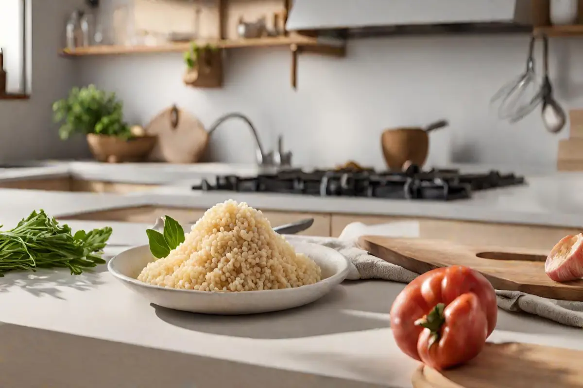 A plate of pastina garnished with a basil leaf, alongside fresh herbs and a tomato, in a serene kitchen setting.